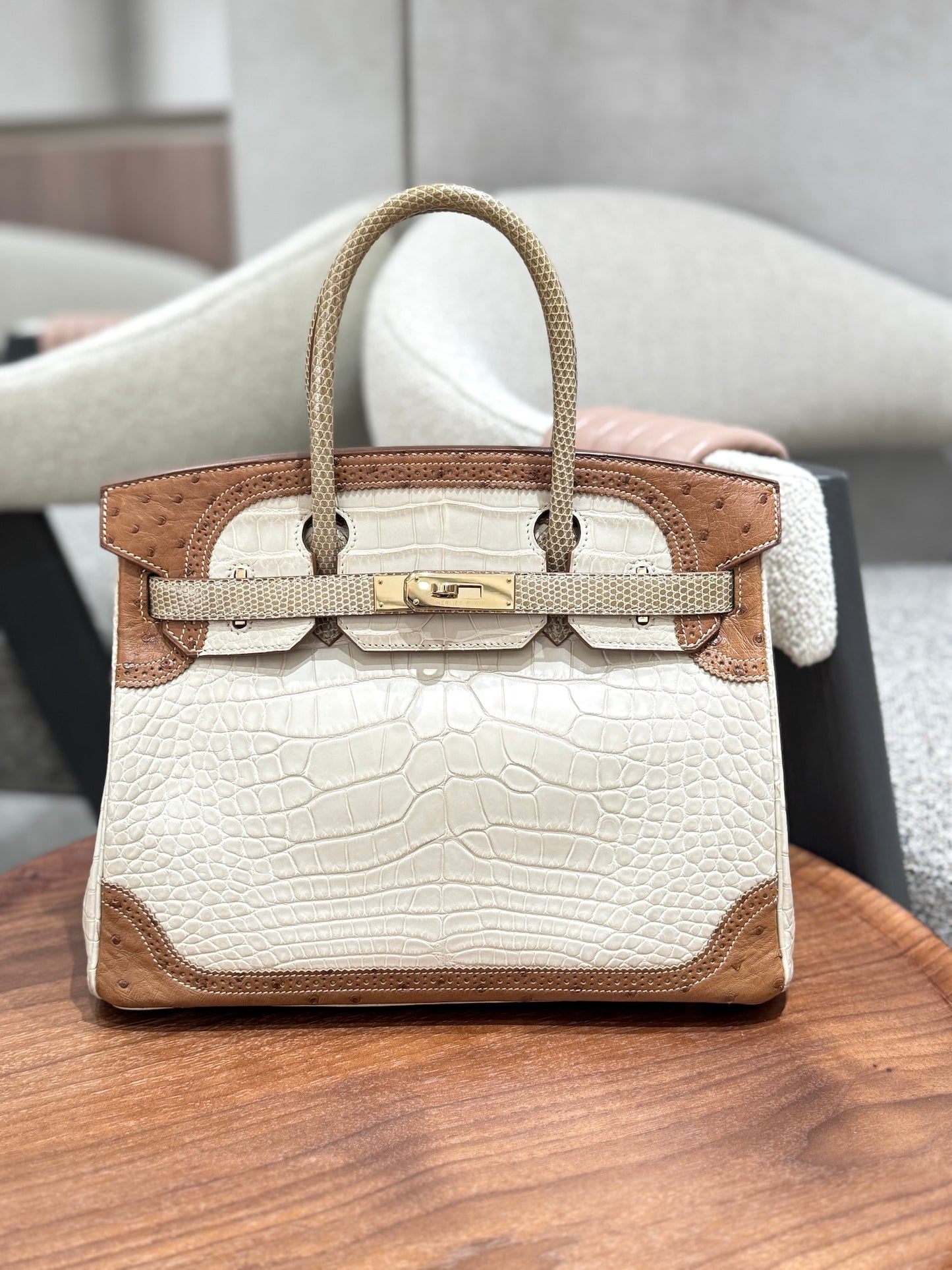 愛馬仕 Birkin Ghillies 30 Beton 霧鱷魚蜥蜴鴕鳥皮