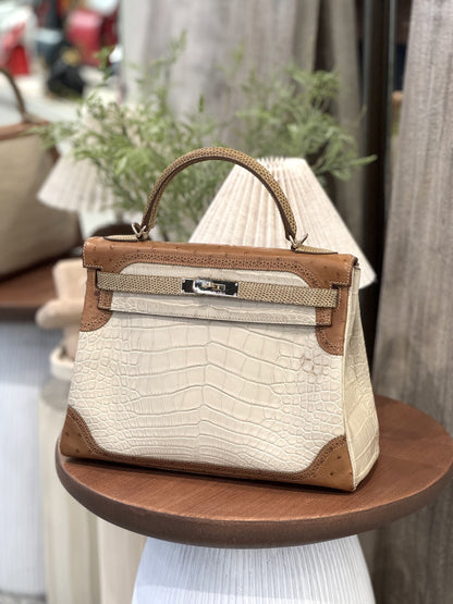 愛馬仕 Kelly Ghillies 32 Ficelle Beton Marron Glace 啞光鱷魚皮鴕鳥蜥蜴皮