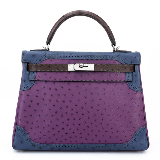 愛馬仕 Kelly Ghillies 32 Marron Fonce Bleu de Malte 紫羅蘭色鴕鳥皮