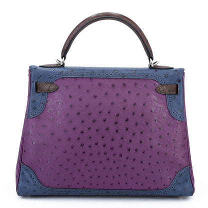 愛馬仕 Kelly Ghillies 32 Marron Fonce Bleu de Malte 紫羅蘭色鴕鳥皮