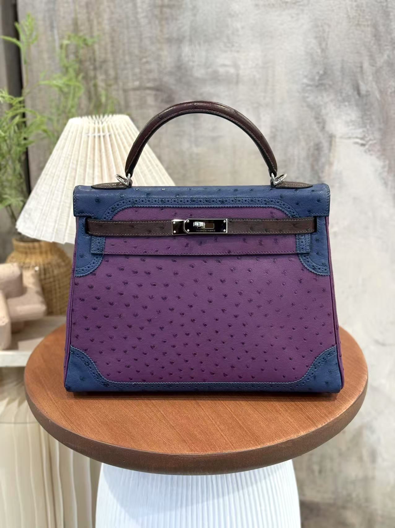 愛馬仕 Kelly Ghillies 32 Marron Fonce Bleu de Malte 紫羅蘭色鴕鳥皮
