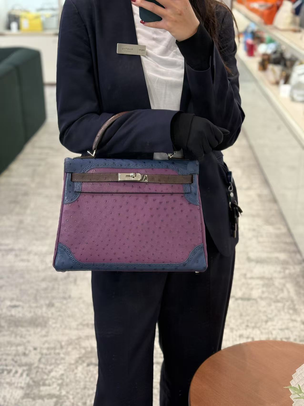 愛馬仕 Kelly Ghillies 32 Marron Fonce Bleu de Malte 紫羅蘭色鴕鳥皮