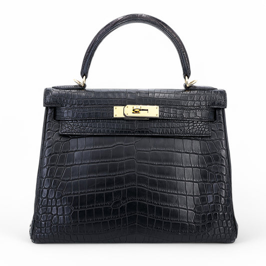 愛馬仕 Kelly 28 黑色霧面尼羅鱷魚皮