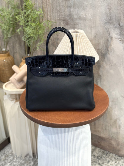 愛馬仕 Birkin 30 Touch 藍色海洋黑色亮面尼羅鱷魚皮